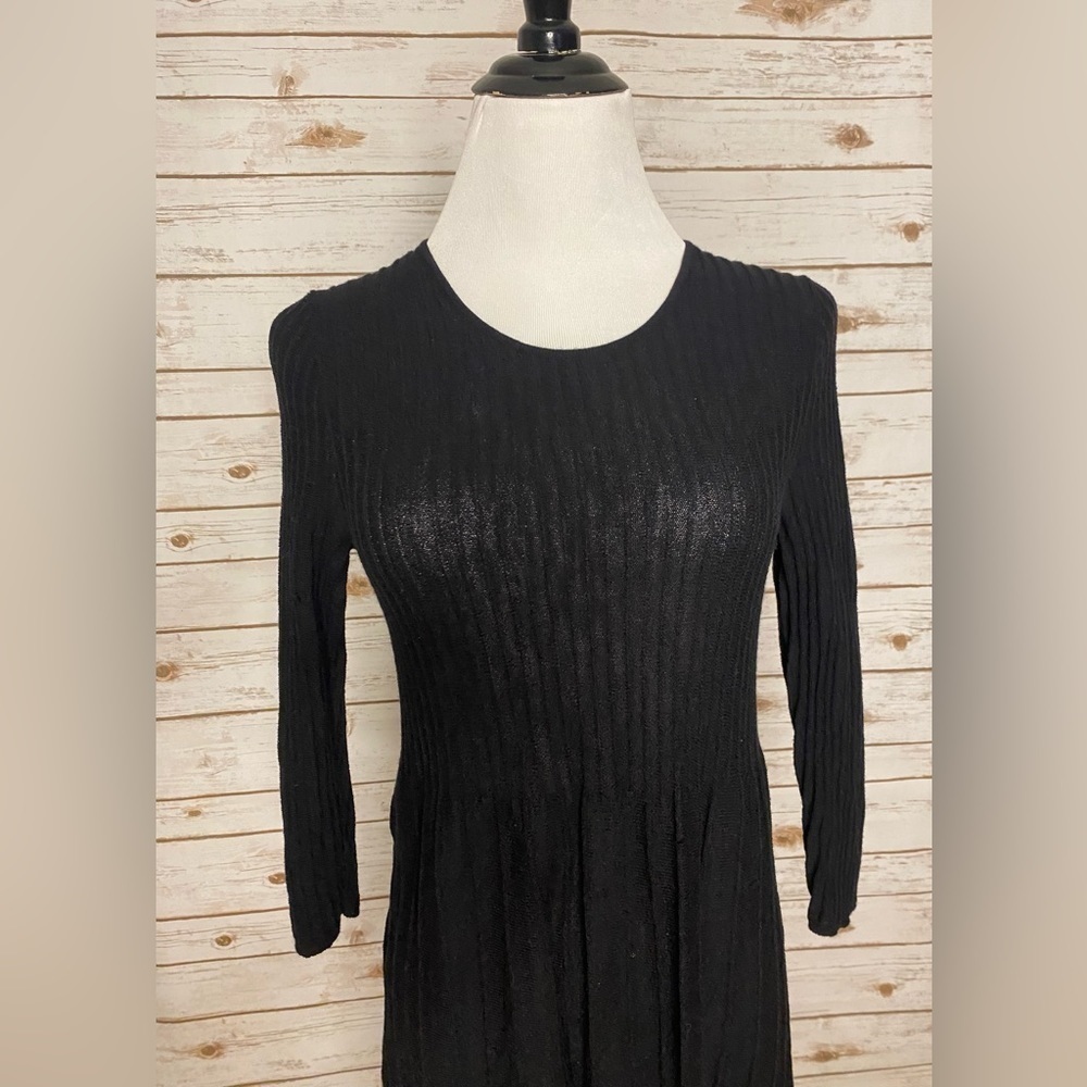 Eileen Fisher minimalist black Italian wool ribbed knit sweater dress Size XXS - Picture 2 of 6
